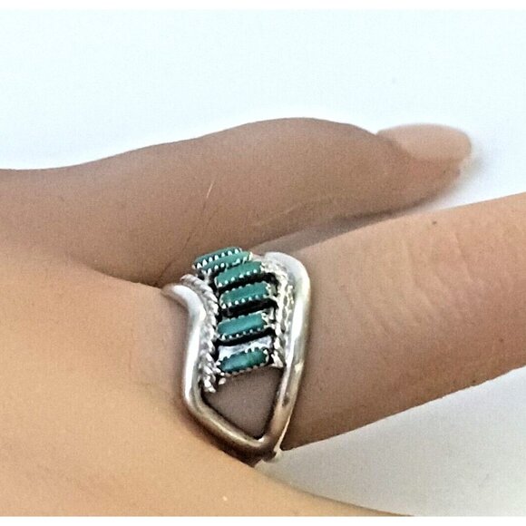 Vintage Native American Needlepoint Turquoise Sterling 925 Ring sz 6.25 (1553) - Picture 5 of 7